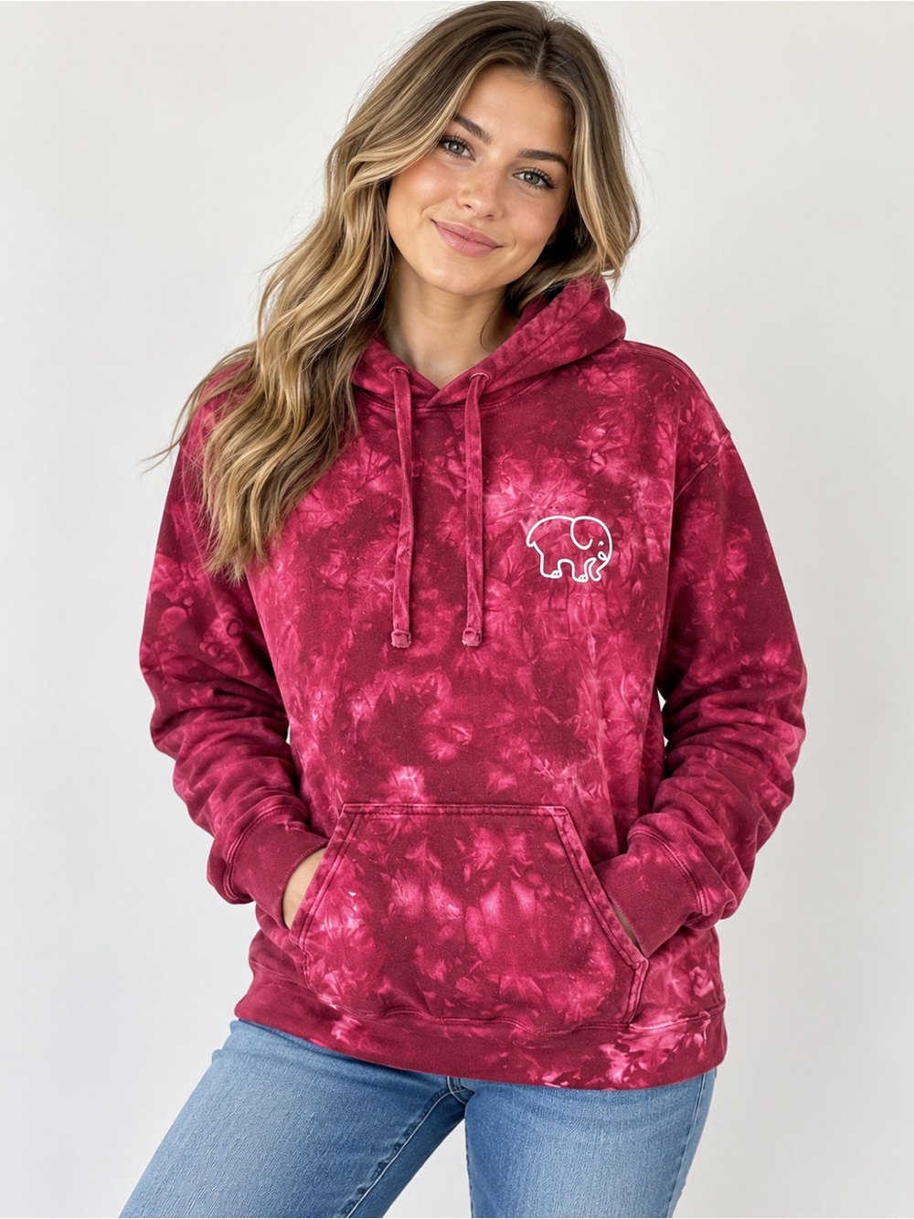 Ivory Ella Tie Dye Elephant Hoodie Sweatshirt Burgundy Maroon | Size M